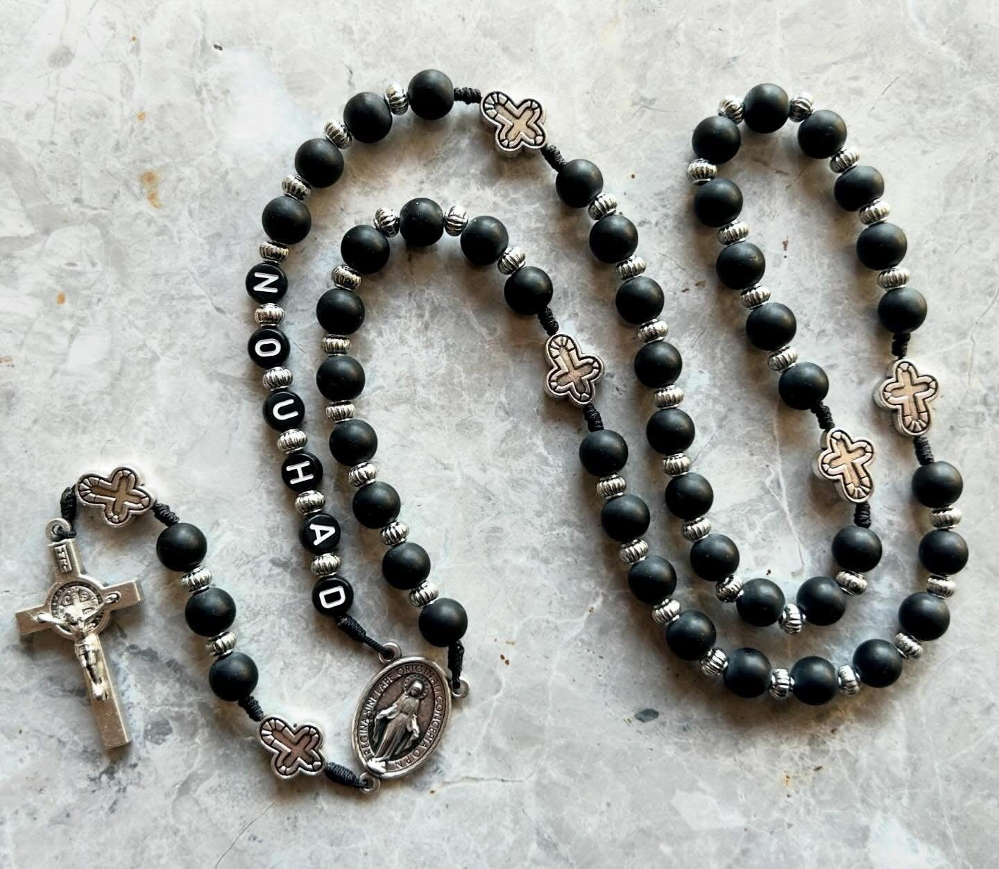 Matte Black Semi Precious Stone Rosary With Name