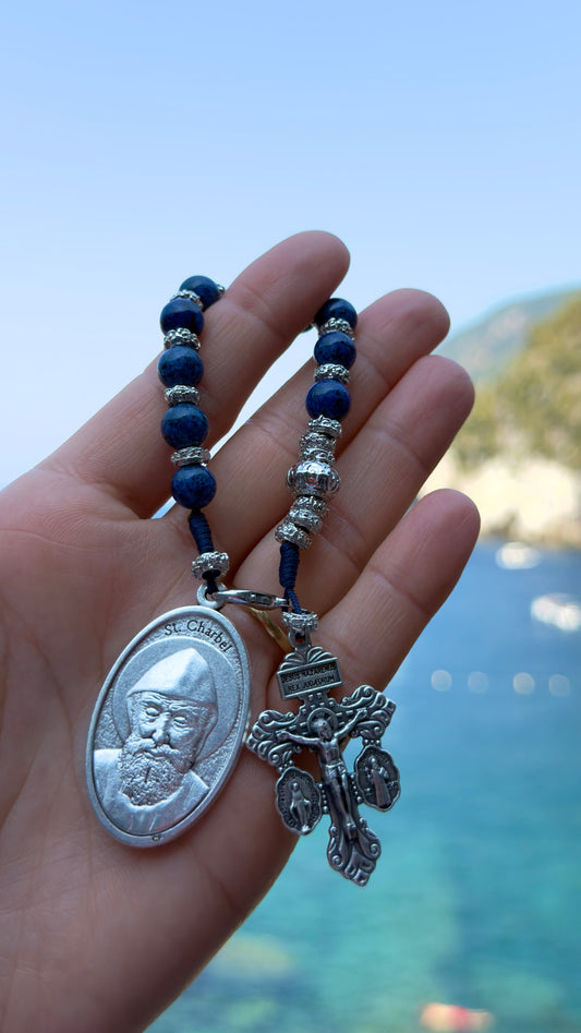 St Charbel Blue Semi Precious Stone Pocket Rosary