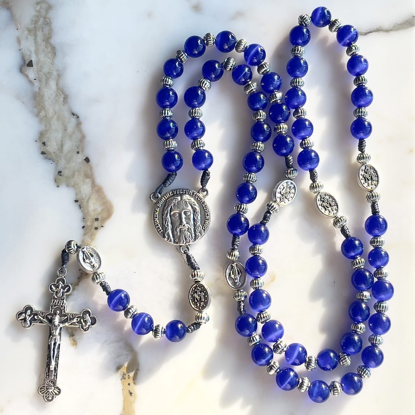 Face Of Jesus Dark Blue Semi Precious Stone Rosary