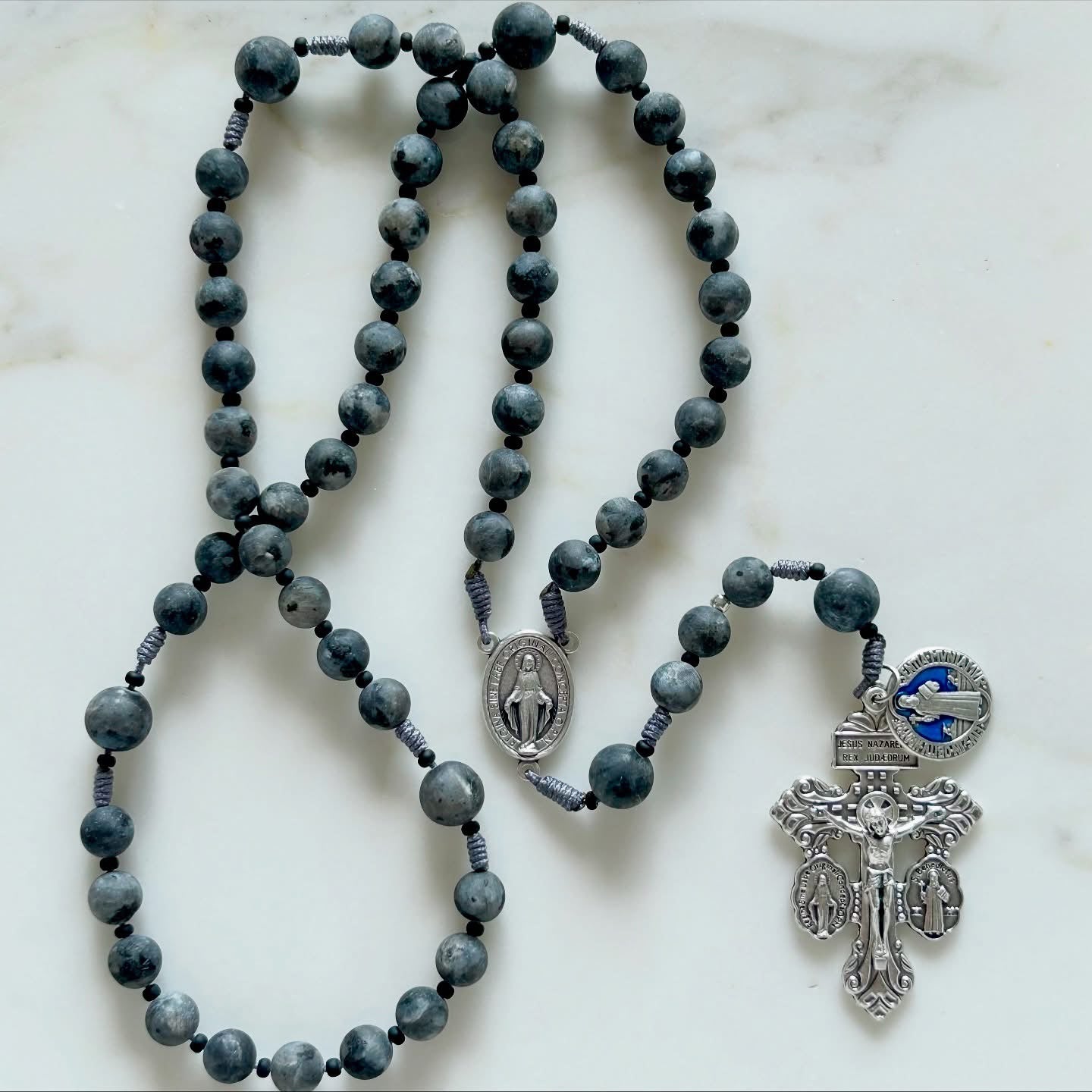 Grey Matte Semi Precious Stone Rosary with Blue Medal