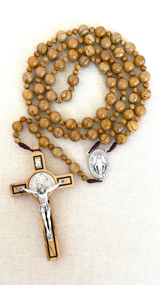 Beige Semi Precious Stone with Olive Wood Cross Rosary