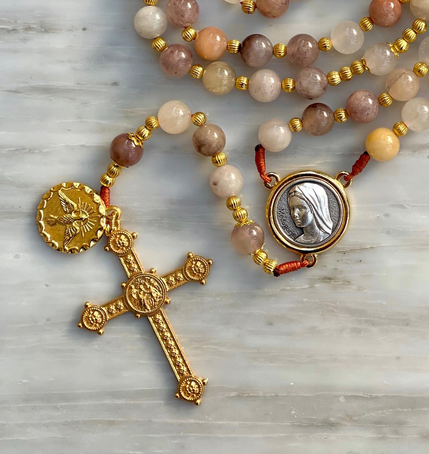 Sand Taupe With Holy Spirit Medal Semi Precious Stone Rosary