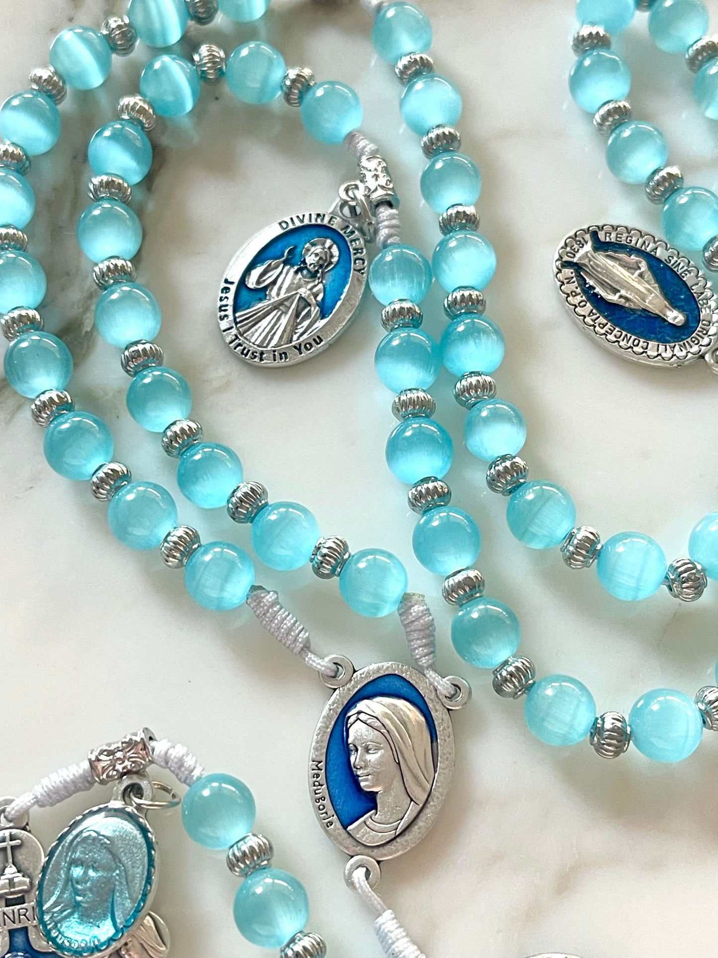 Luminous Blue With Medals Semi Precious Stone Rosary