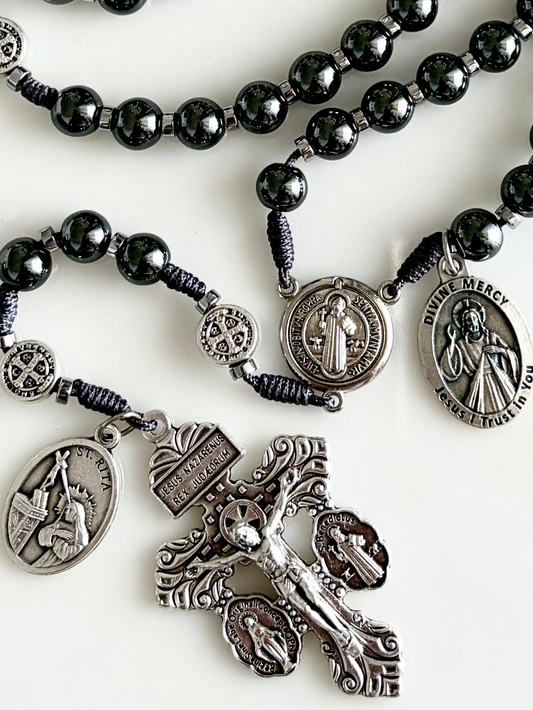Hematite With Medals Semi Precious Stone Rosary