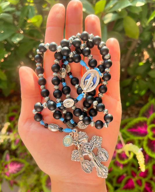 Black Semi Precious Stone Rosary with a Blue Touch