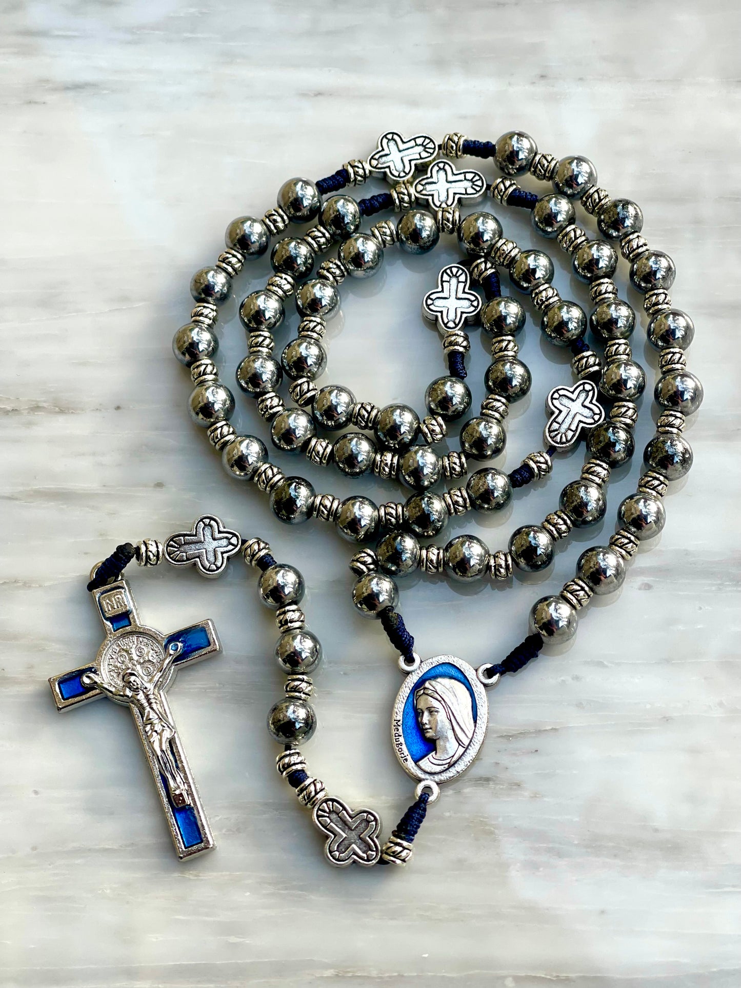 Silver Hematite With Blue Details Semi Precious Stone Rosary
