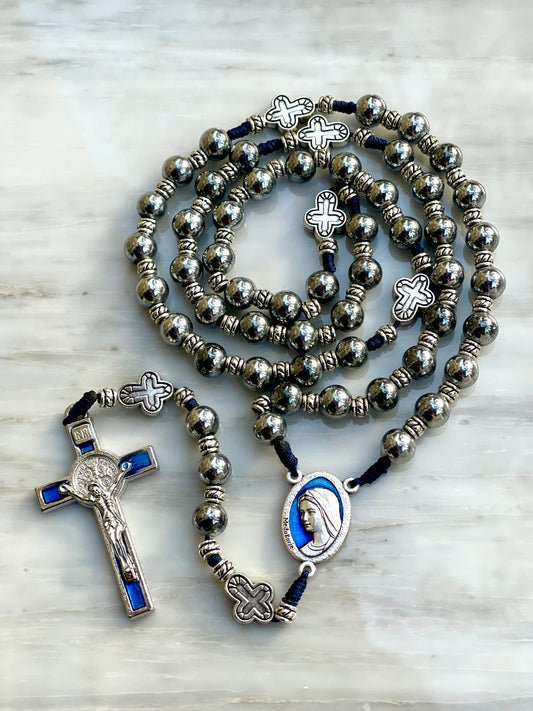 Silver Hematite With Blue Details Semi Precious Stone Rosary