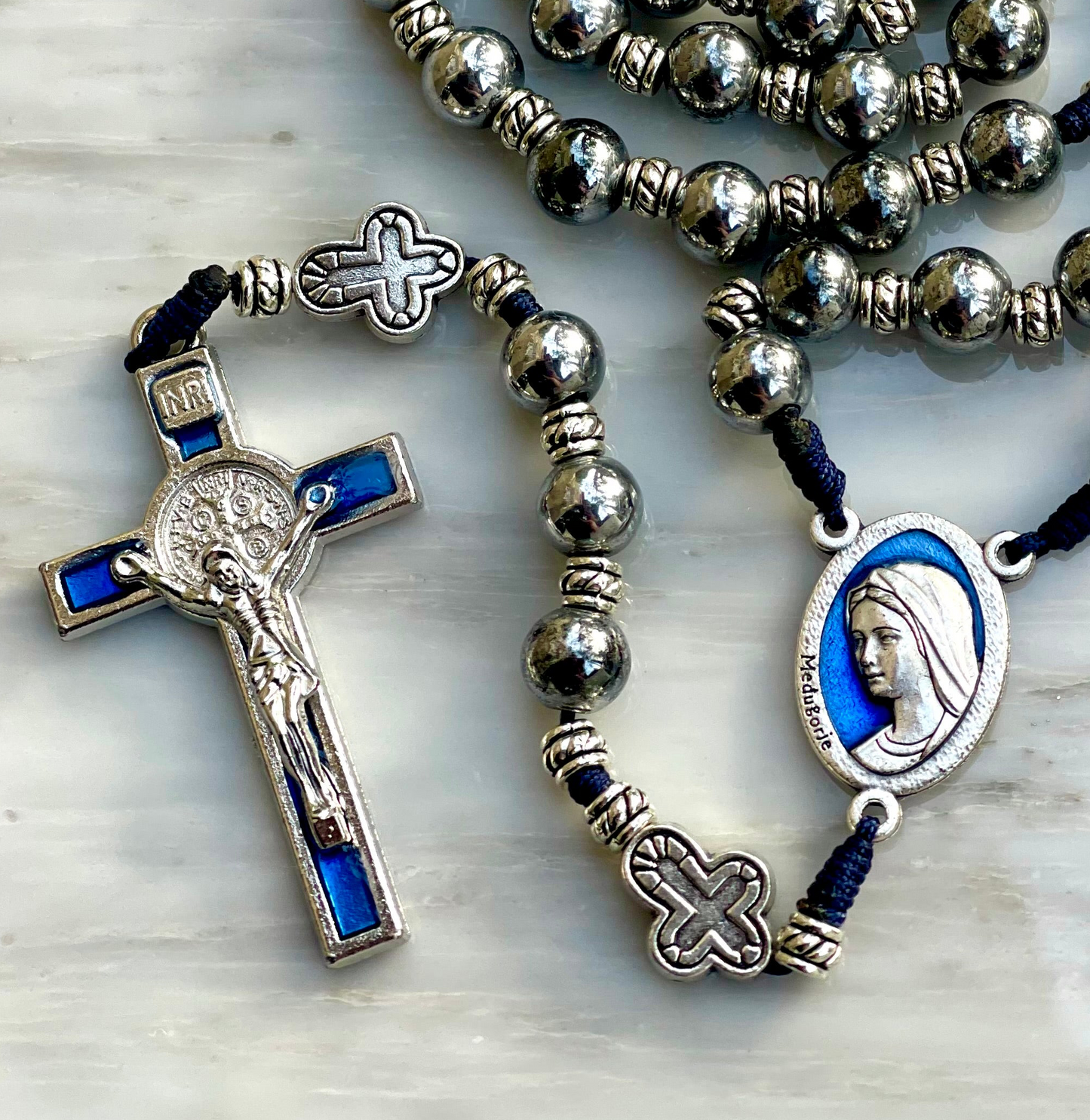 Silver Hematite With Blue Details Semi Precious Stone Rosary