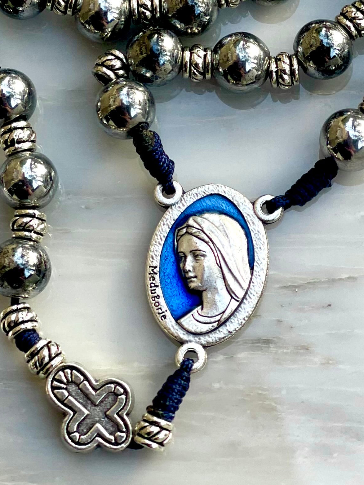 Silver Hematite With Blue Details Semi Precious Stone Rosary