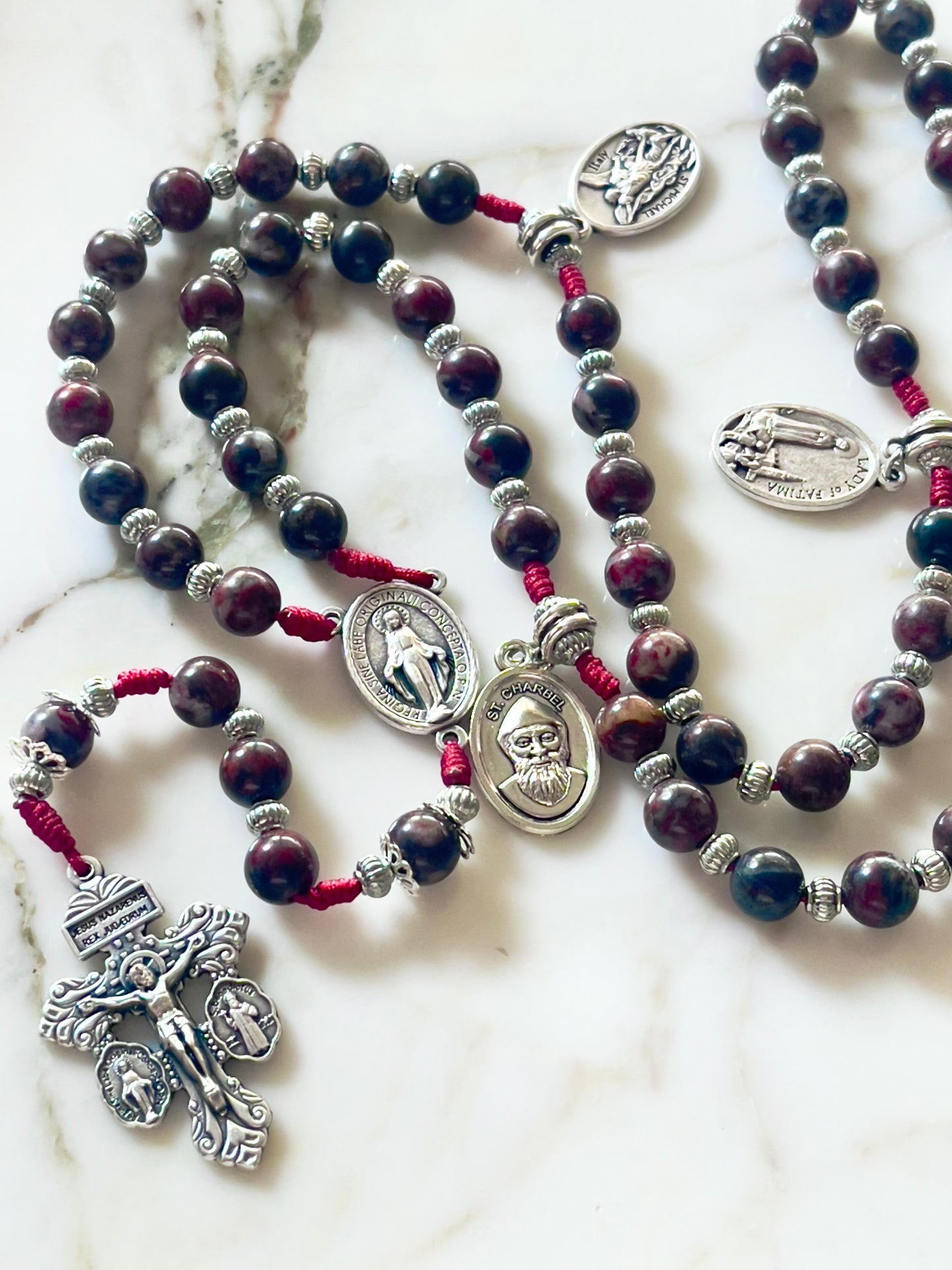 Burgundy With Medals Semi Precious Stone Rosary