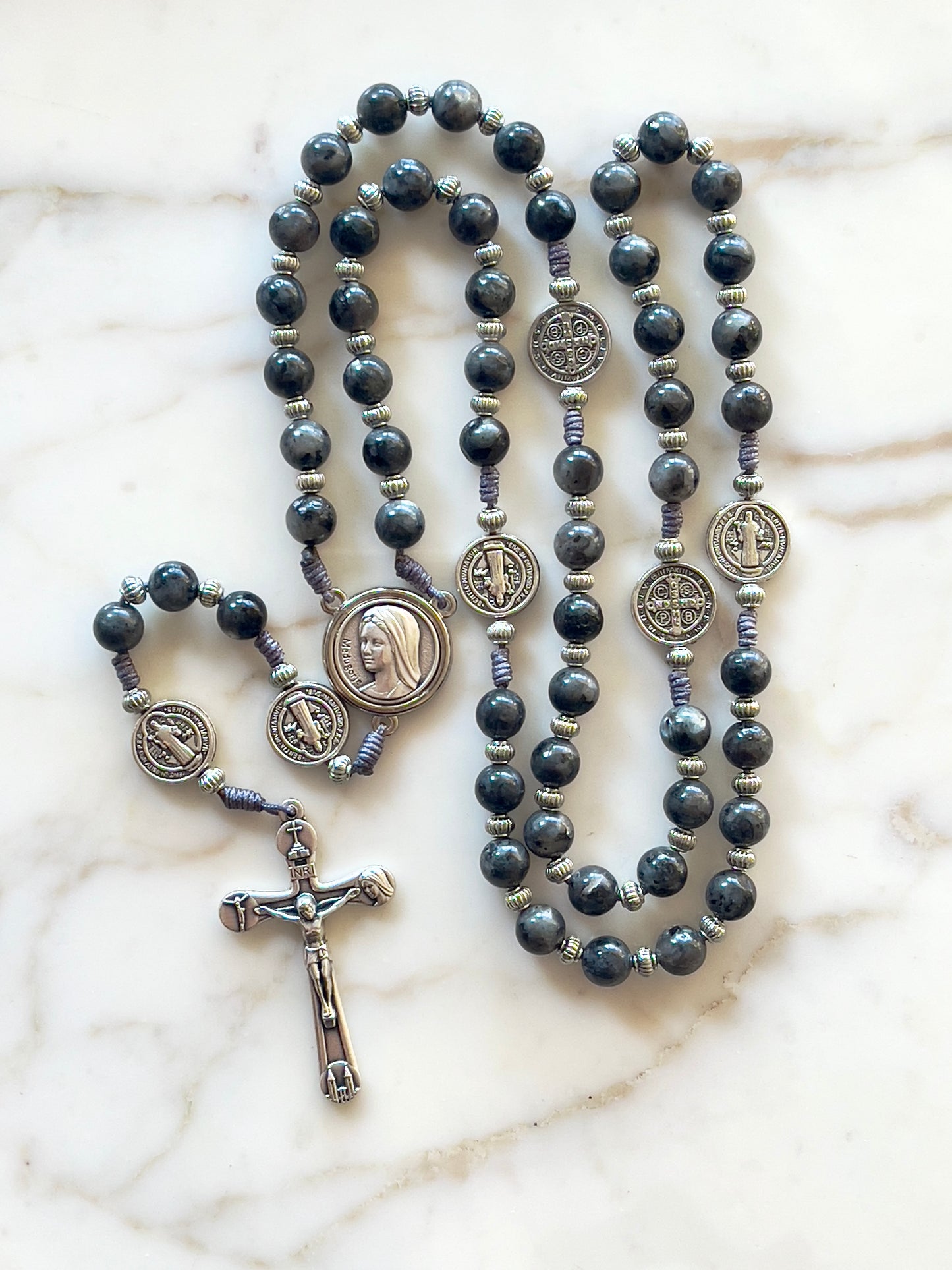Our Lady & St Benedict Grey Semi Precious Stone Rosary