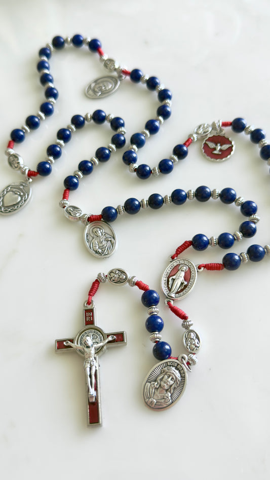 Red And Blue With Medals Semi Precious Stone Rosary