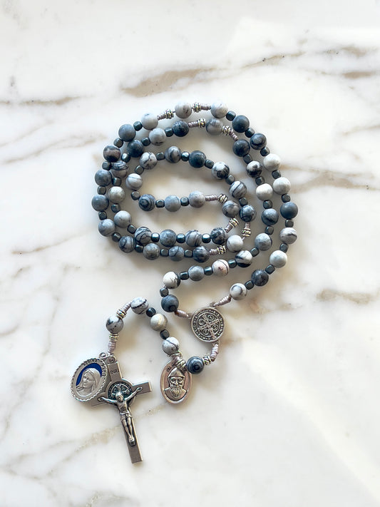 St Benedict Grey Matte With Medals Semi Precious Stone Rosary
