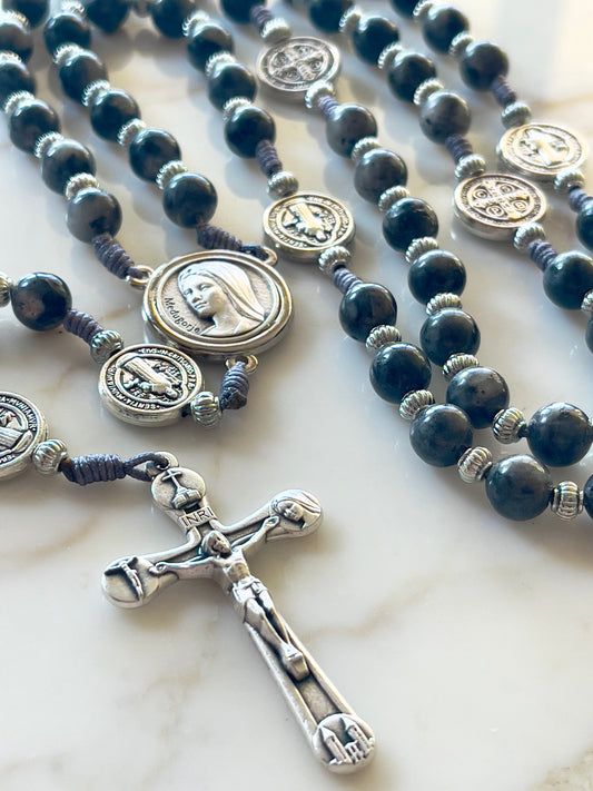 Our Lady & St Benedict Grey Semi Precious Stone Rosary