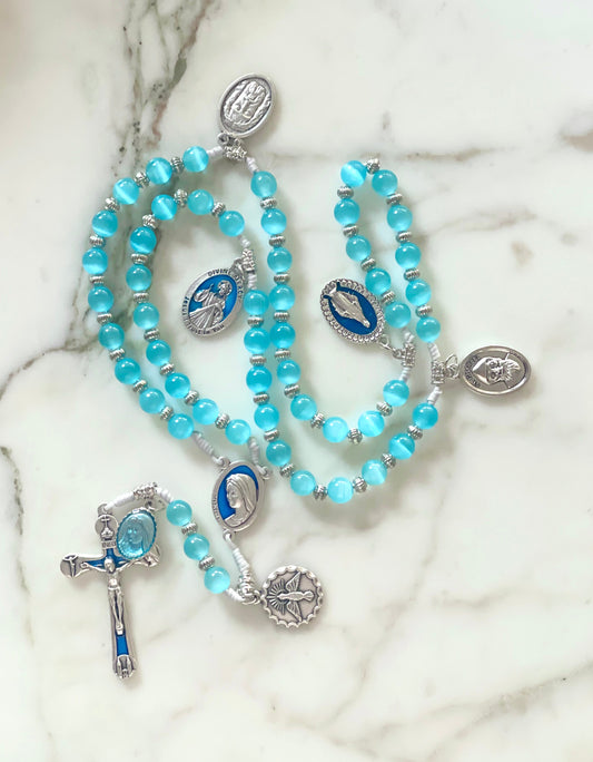 Luminous Blue With Medals Semi Precious Stone Rosary