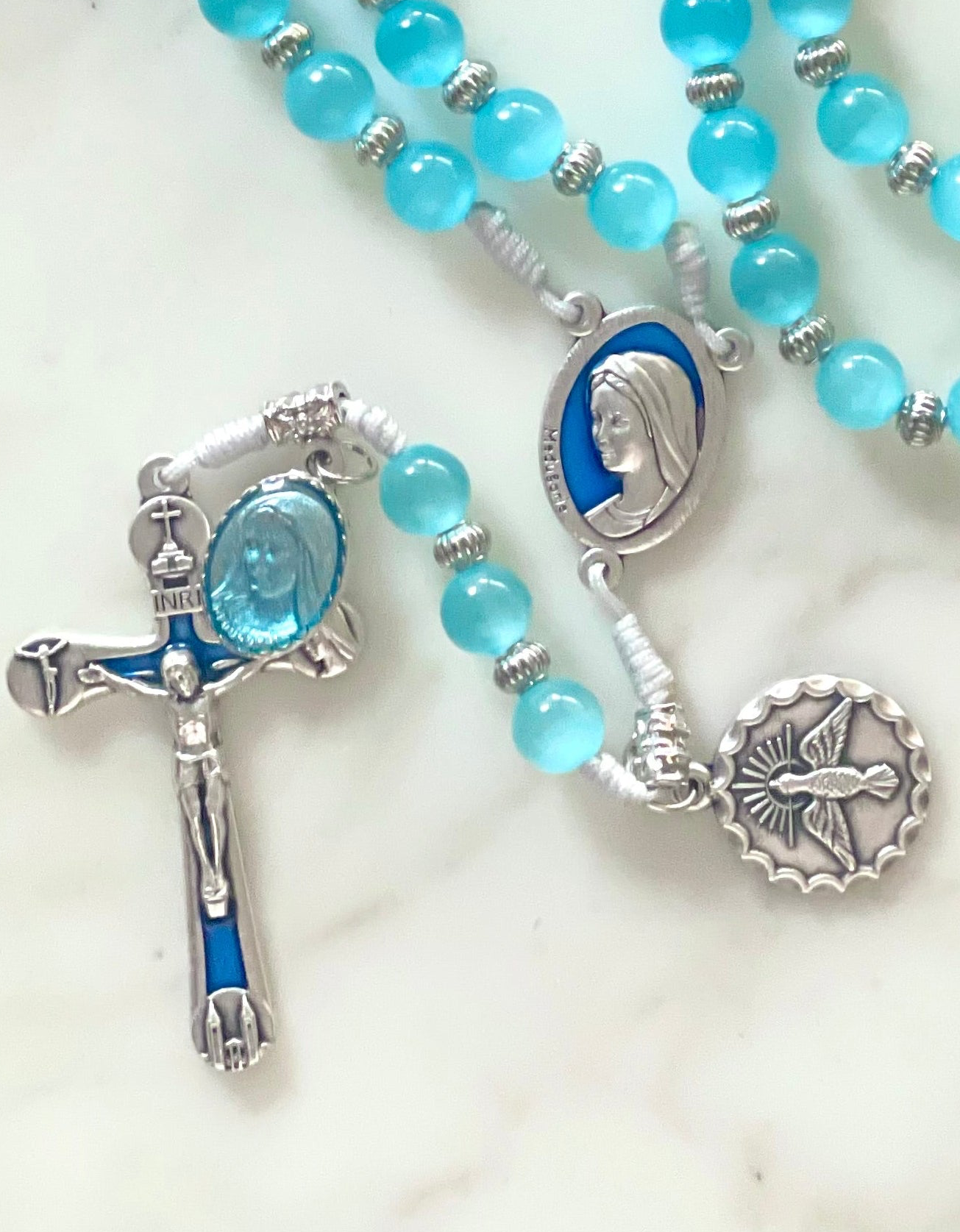 Luminous Blue With Medals Semi Precious Stone Rosary