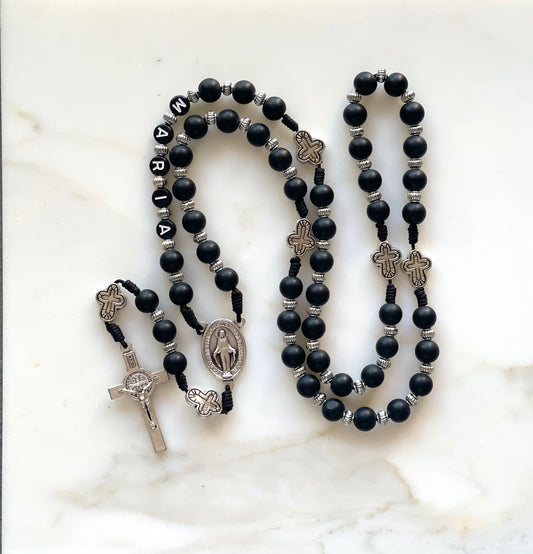 Matte Black Semi Precious Stone Rosary With Name