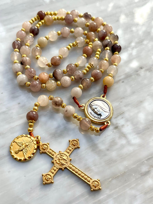 Sand Taupe With Holy Spirit Medal Semi Precious Stone Rosary