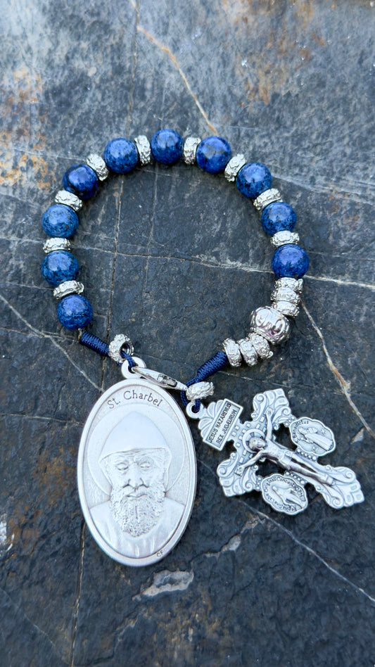 St Charbel Blue Semi Precious Stone Pocket Rosary