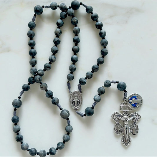 Grey Matte Semi Precious Stone Rosary with Blue Medal