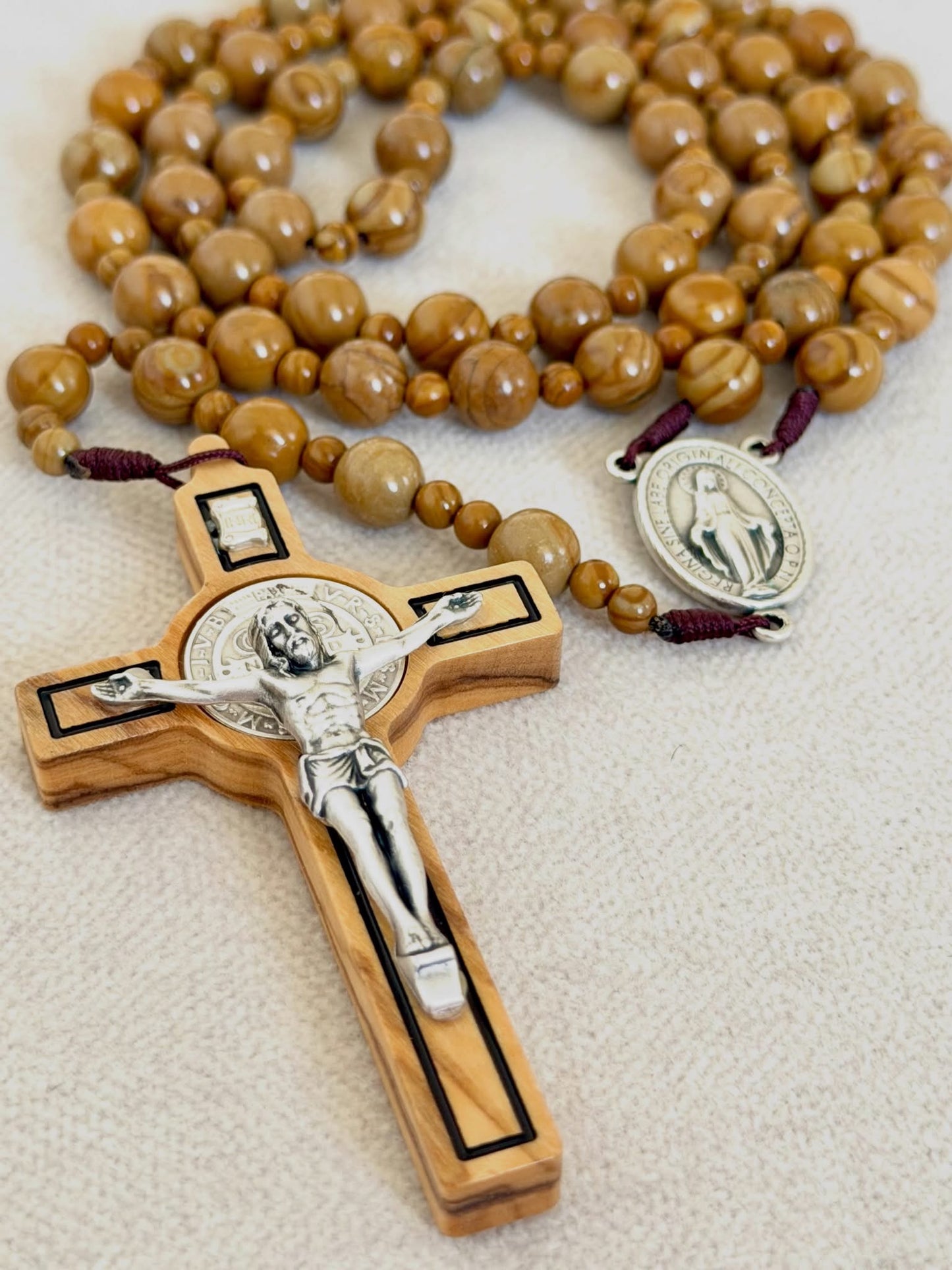 Beige Semi Precious Stone with Olive Wood Cross Rosary