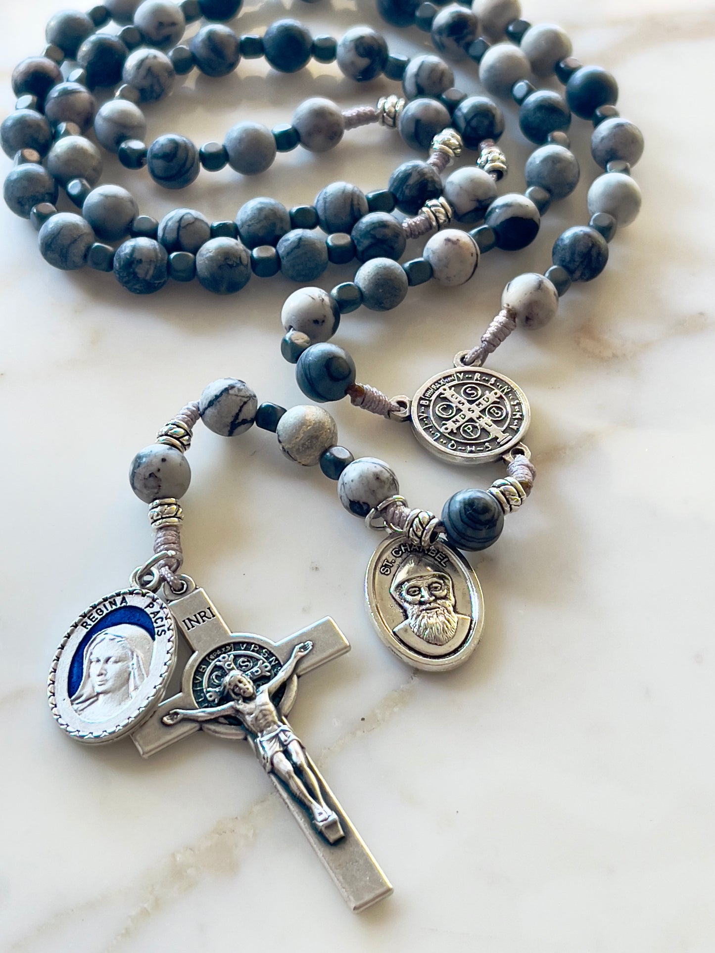 St Benedict Grey Matte With Medals Semi Precious Stone Rosary
