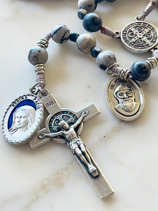 St Benedict Grey Matte With Medals Semi Precious Stone Rosary