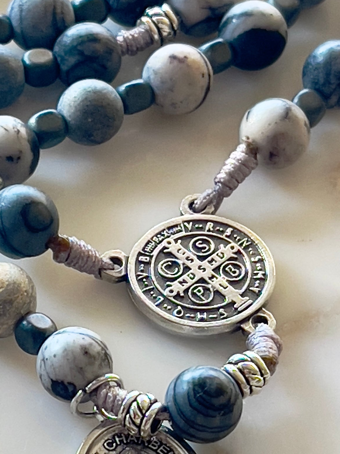 St Benedict Grey Matte With Medals Semi Precious Stone Rosary
