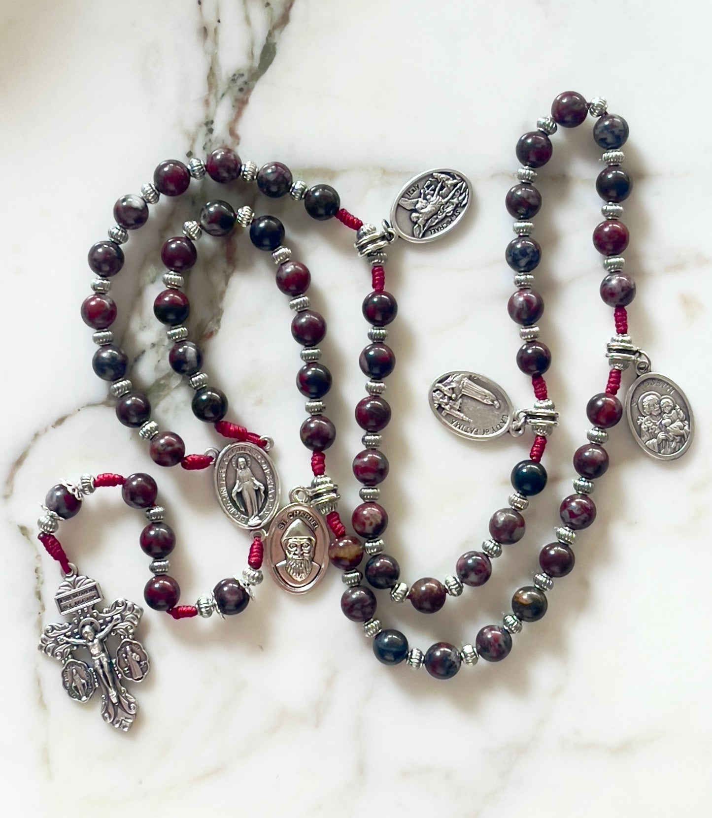 Burgundy With Medals Semi Precious Stone Rosary