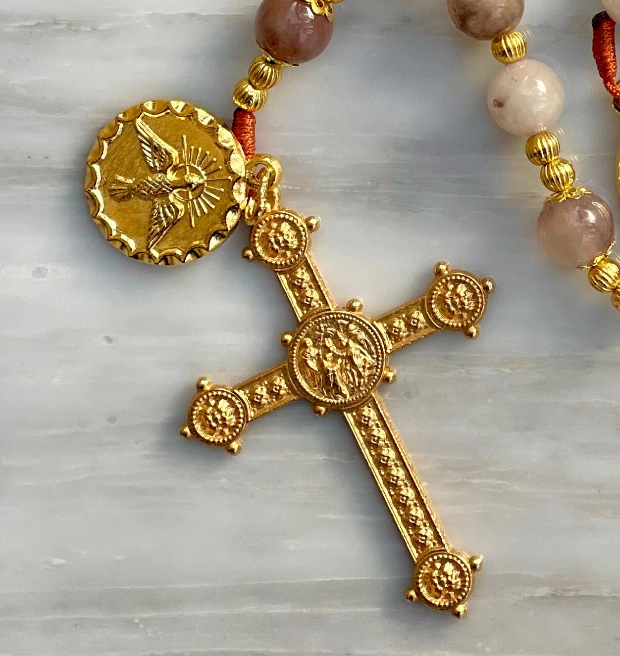 Sand Taupe With Holy Spirit Medal Semi Precious Stone Rosary
