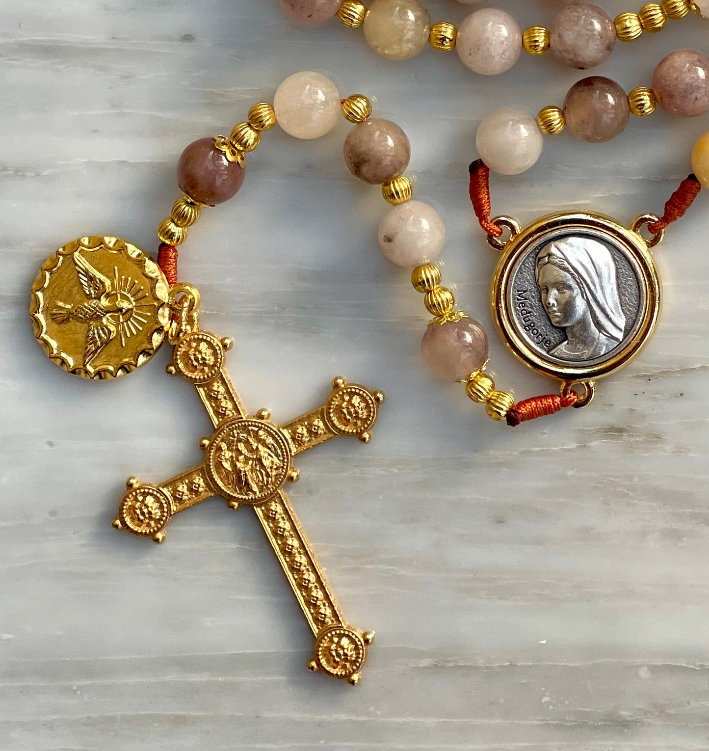Sand Taupe With Holy Spirit Medal Semi Precious Stone Rosary