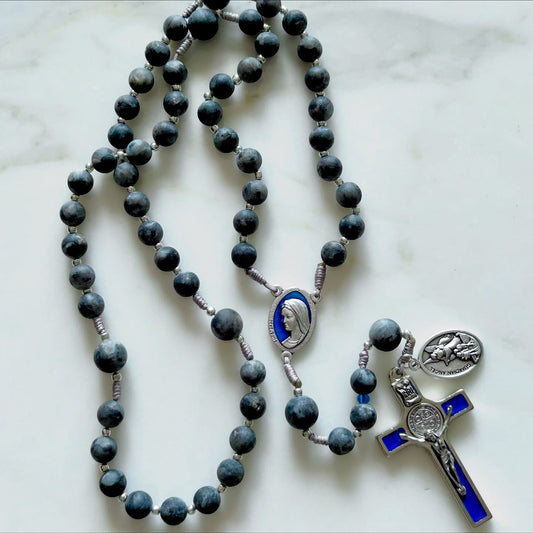 Grey Matte Semi Precious Stone Rosary with Blue Cross