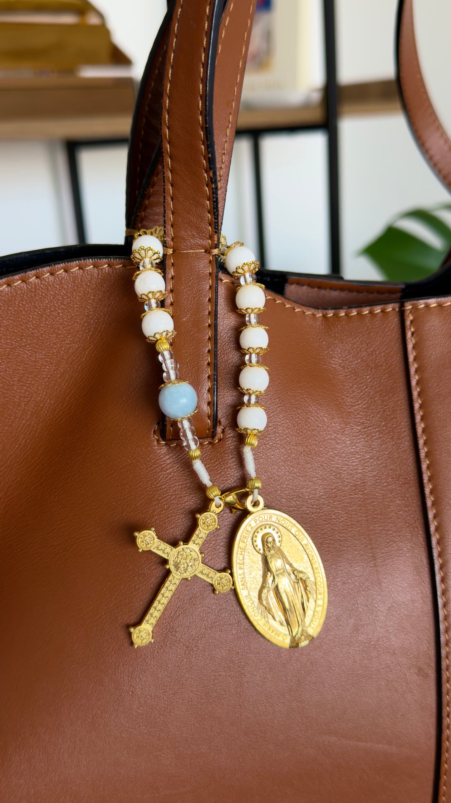 White And Gold Semi Precious Stone Pocket Rosary