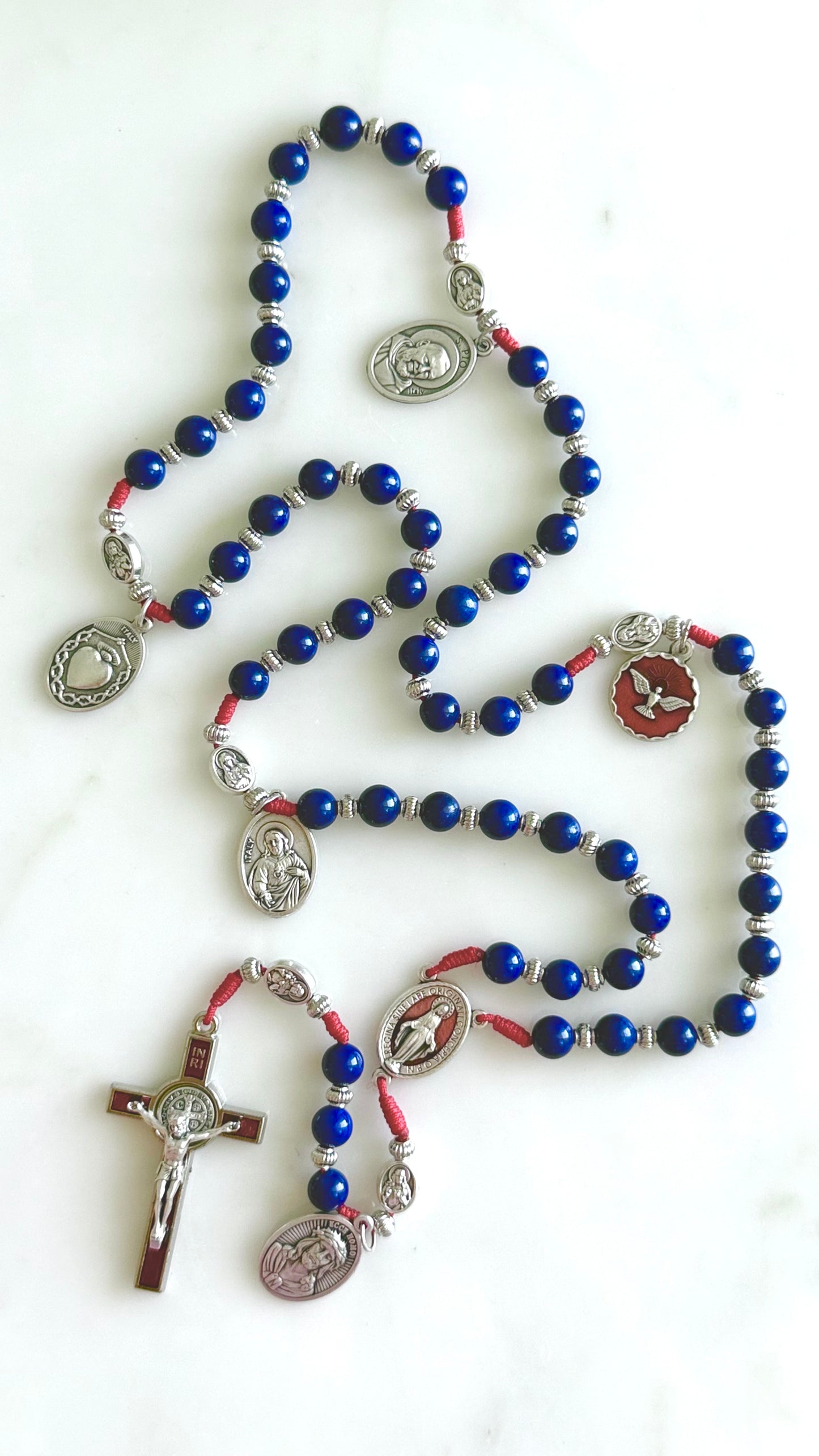 Red And Blue With Medals Semi Precious Stone Rosary