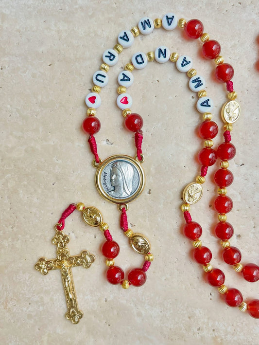 Red Semi Precious Stone Rosary With Name