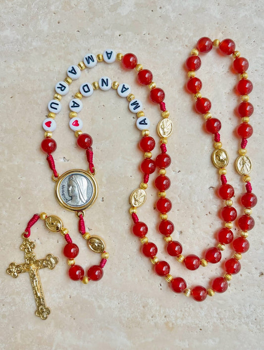 Red Semi Precious Stone Rosary With Name