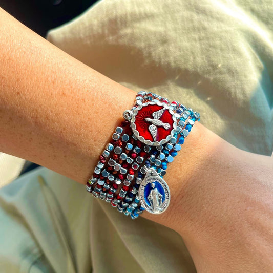 Semi Precious Stone Hematite and Cord Bracelet Set with Medals