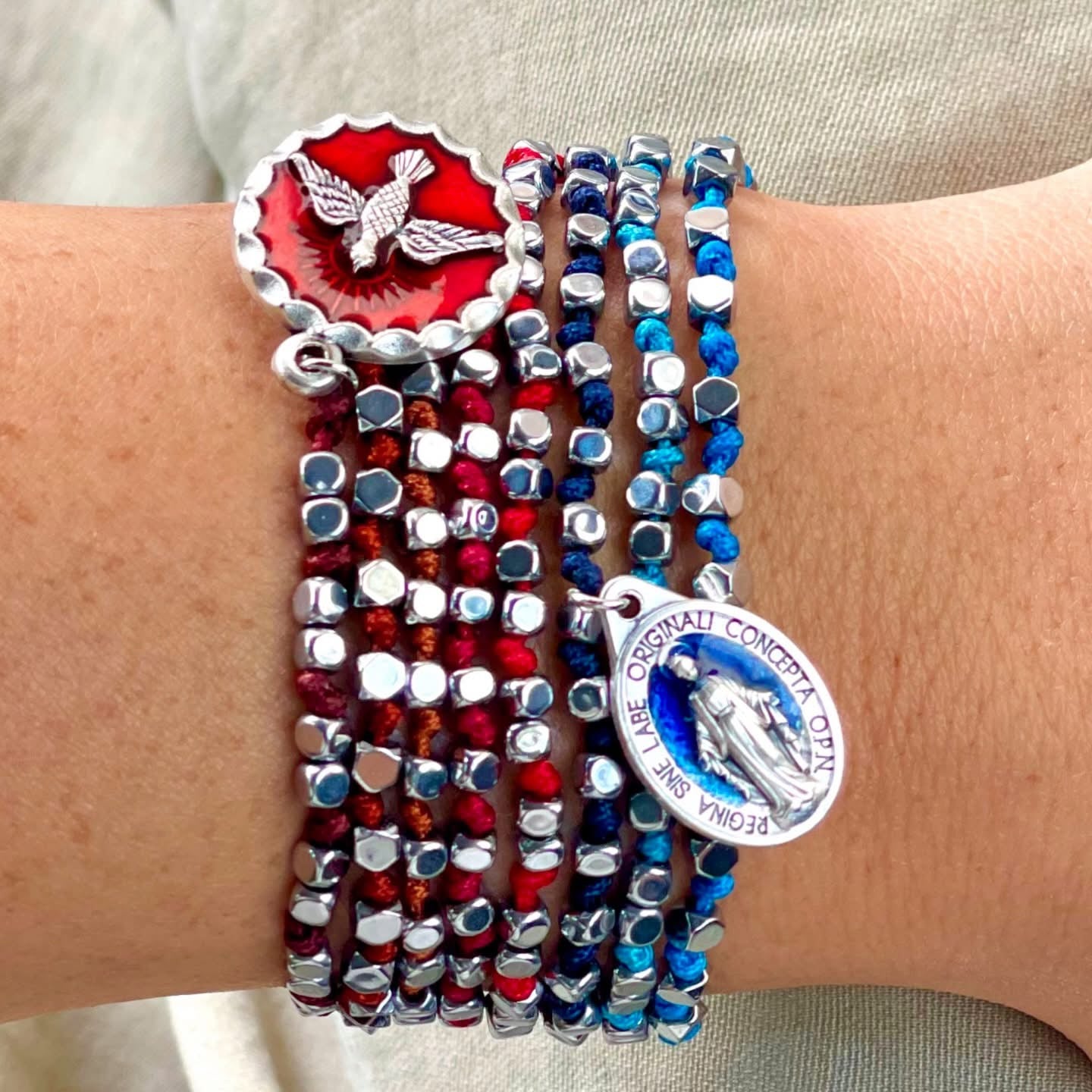 Semi Precious Stone Hematite and Cord Bracelet Set with Medals