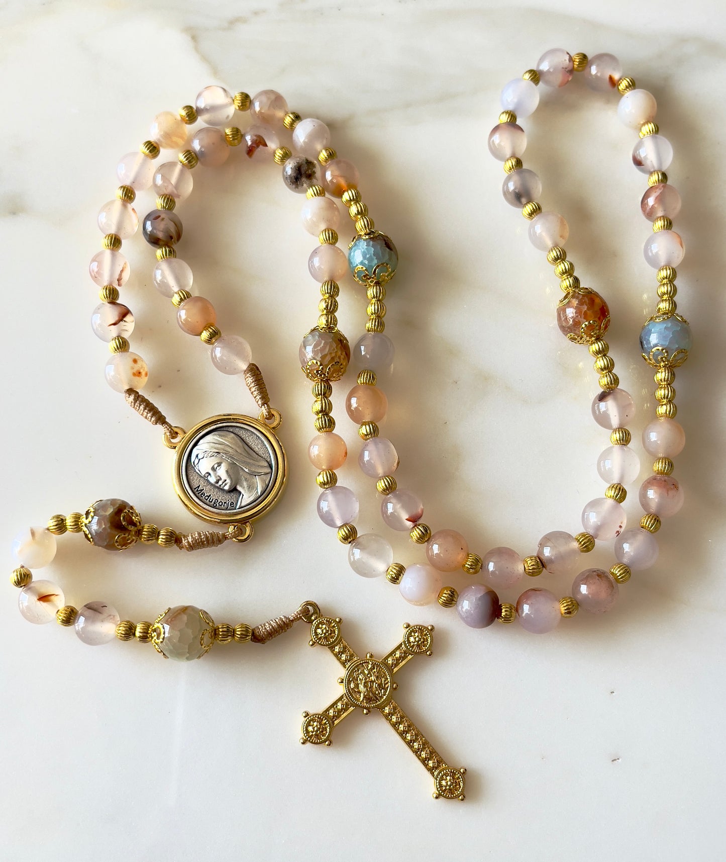 Mother Of God Semi Precious Stone Rosary with Golden Details