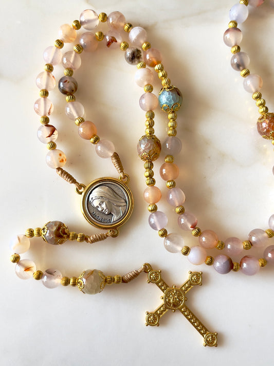 Mother Of God Semi Precious Stone Rosary with Golden Details